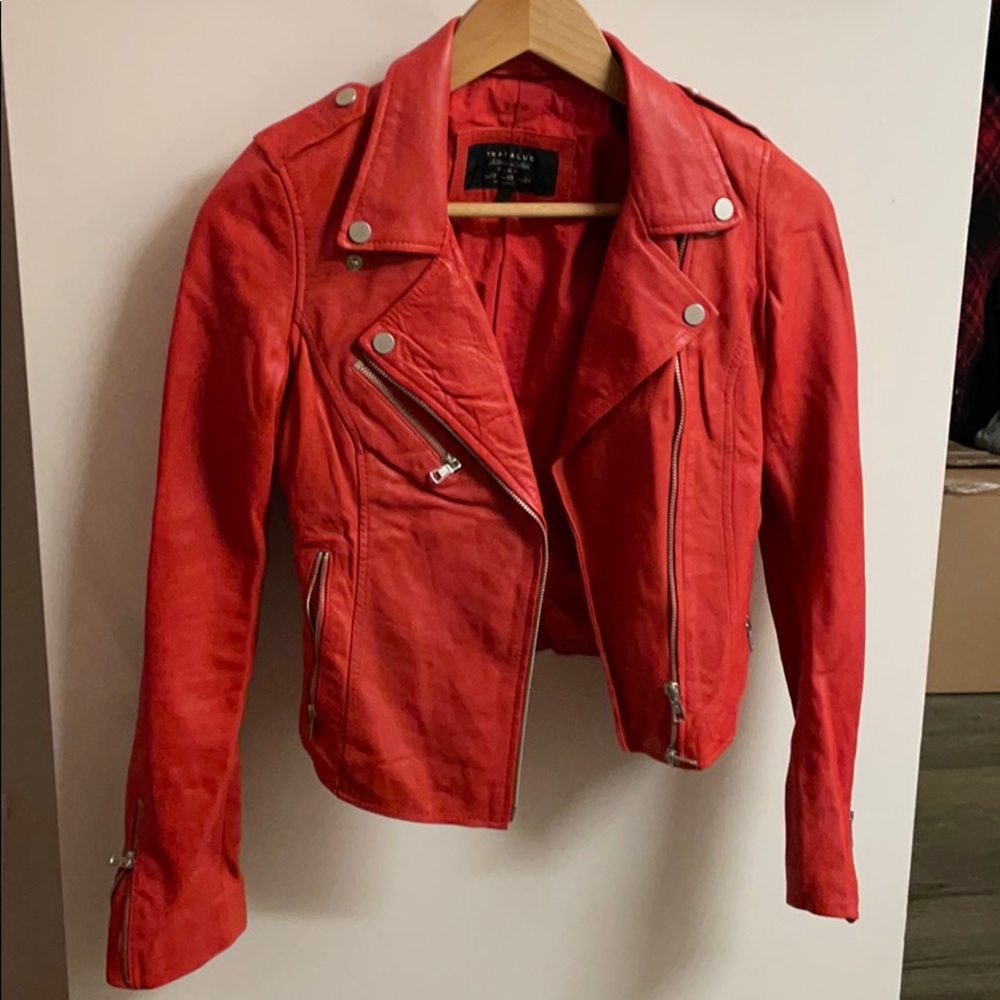 Zara red faux leather biker jacket